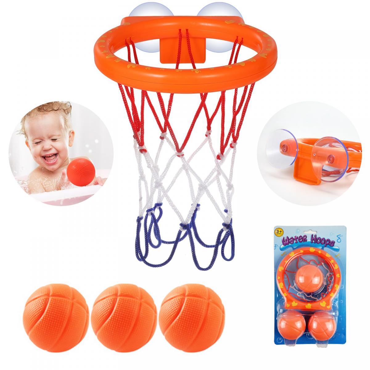 Bath toys, suction cup basketball hoop for boys and girls, and 3 soft ball set