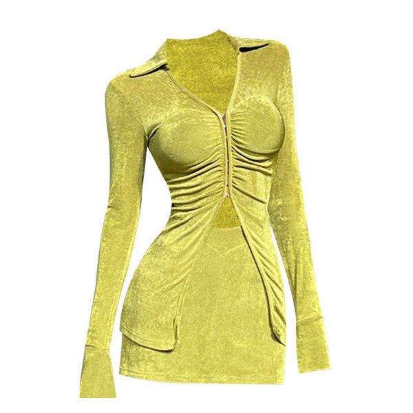 V領收腰上衣+高腰包臀短裙（果綠色 S碼-L碼）（下單後請聯絡客服確認發貨尺碼）#K003006191