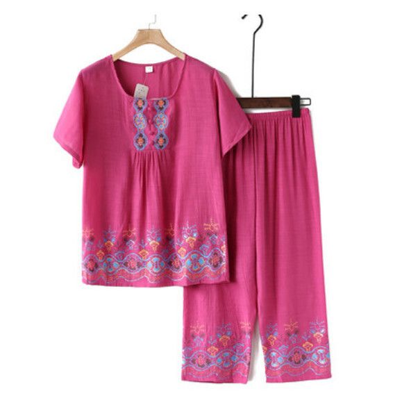 夏季中老年棉麻套裝（A款枚紅色）【尺碼：XL-4XL】【下單後聯絡客服確認發貨尺碼】F203013016