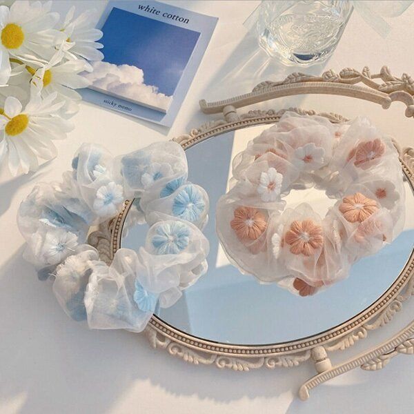 Embroidered flower headband hair rope net yarn head rope girls hair accessories (2 pieces) J0641