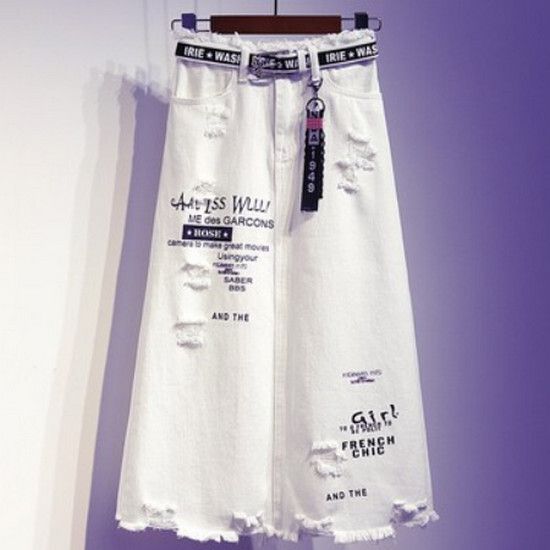 牛仔半身裙+腰帶【白色】【S-5XL碼】（下單後請聯絡客服確認發貨尺碼）#K011003358