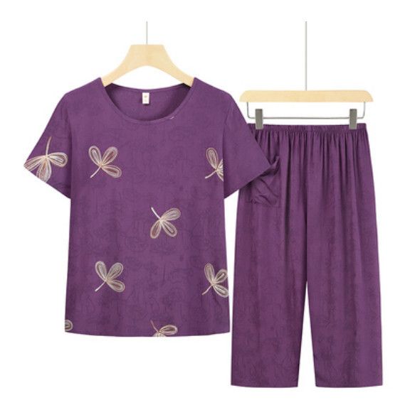 夏季中老年綿綢套裝（淺紫）【尺碼：XL-3XL】【下單後聯絡客服確認發貨尺碼】F203013225