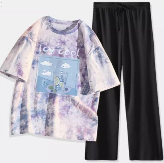 紮染短袖兩件套【藍紫色（冰檸藍莓）+黑褲】【S-XL碼】（下單後請聯絡客服確認發貨尺碼）#K011002676