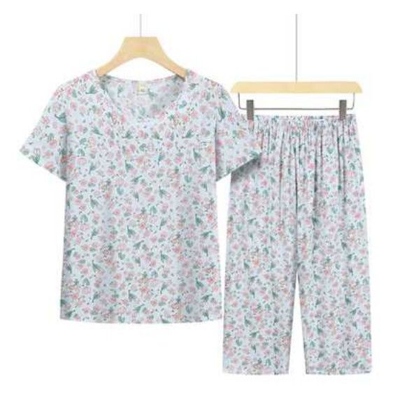 夏季中老年綿綢套裝（藍灰碎花）【尺碼：XL-5XL】【下單後聯絡客服確認發貨尺碼】F203013284