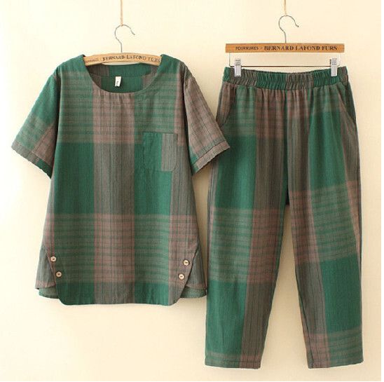 休閒寬鬆格子套裝【綠色】 (尺碼：L-4XL碼) (下單後聯繫客服確認發貨尺碼)#F158027133