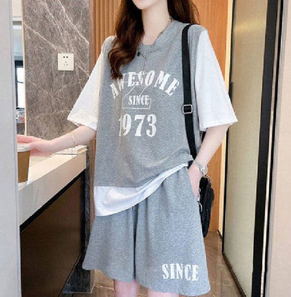 假兩件休閒運動服套裝【灰色】 (尺碼：M-4XL碼) (下單後聯繫客服確認發貨尺碼)#F158027291