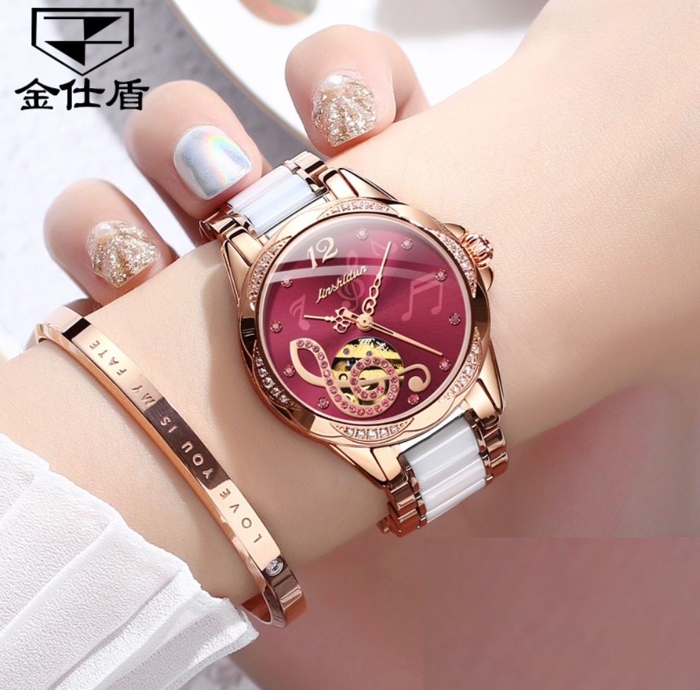 金仕盾全自動機械錶女士手錶(鋼帶玫殼紅面女）#S057029245