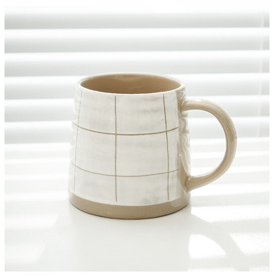 粗陶咖啡杯馬克杯【格紋陶土杯，單杯】(容量401-500ml)#N38_074_058