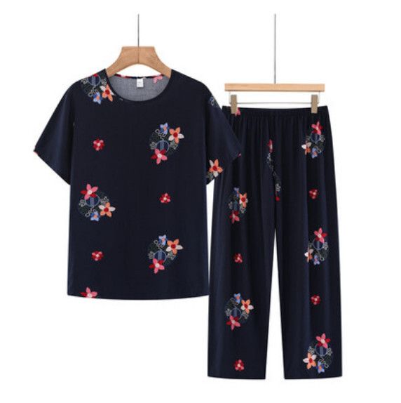 夏季中老年睡衣套裝（藏青色）【尺碼：XL-3XL】【下單後聯絡客服確認發貨尺碼】F203013090