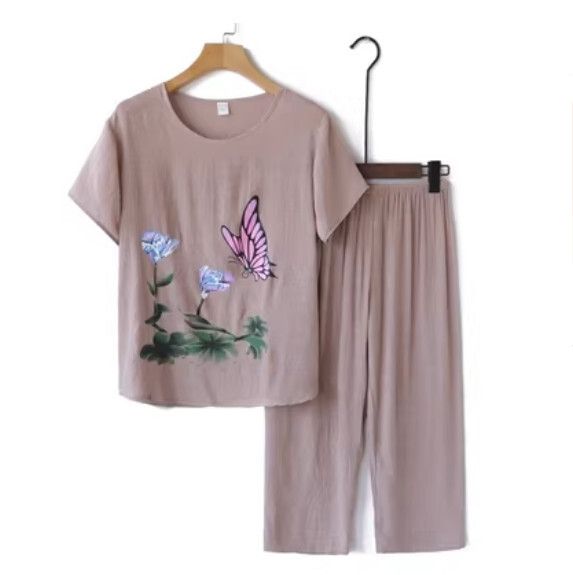 夏季中老年純棉麻套裝（【水墨畫】駝色）【尺碼：XL-4XL】【下單後聯絡客服確認發貨尺碼】F203013022