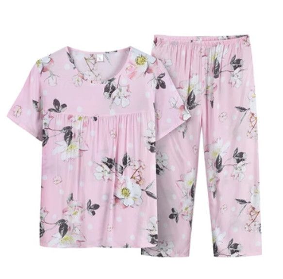 夏季中老年綿綢套裝（粉色桃花）【尺碼：XL-4XL】【下單後聯絡客服確認發貨尺碼】F203013164