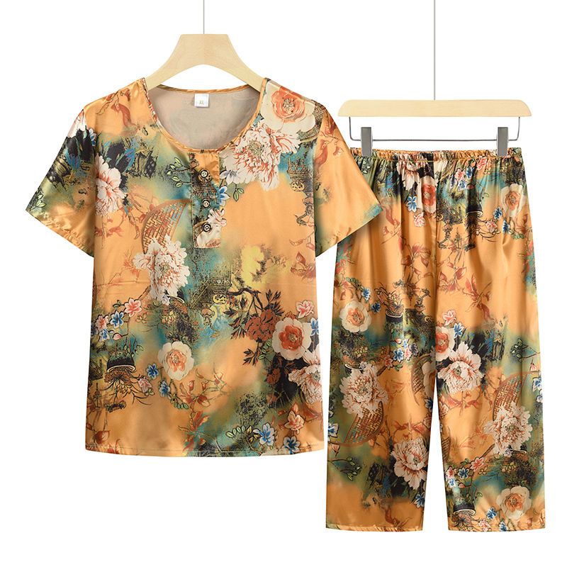 中老年媽媽短袖套裝(XL-4XL碼 黃綠色）【下單後請聯絡客服確認發貨尺碼】F001099423