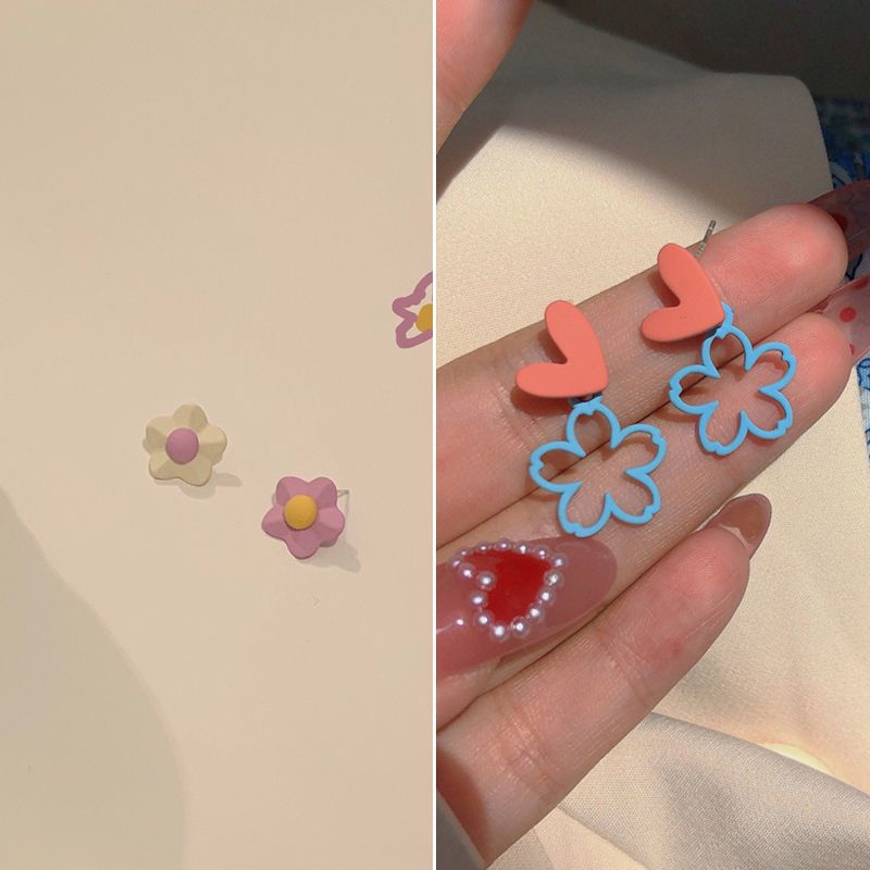 【2對裝】氣質簡約耳環 高級感耳飾(不對稱小花朵+愛心藍花朵）#F001104519