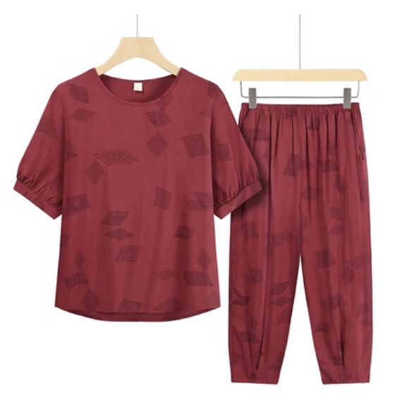 夏季中老年兩件套套裝（紅底菱形格）【尺碼：XL-3XL】【下單後聯絡客服確認發貨尺碼】F203013151