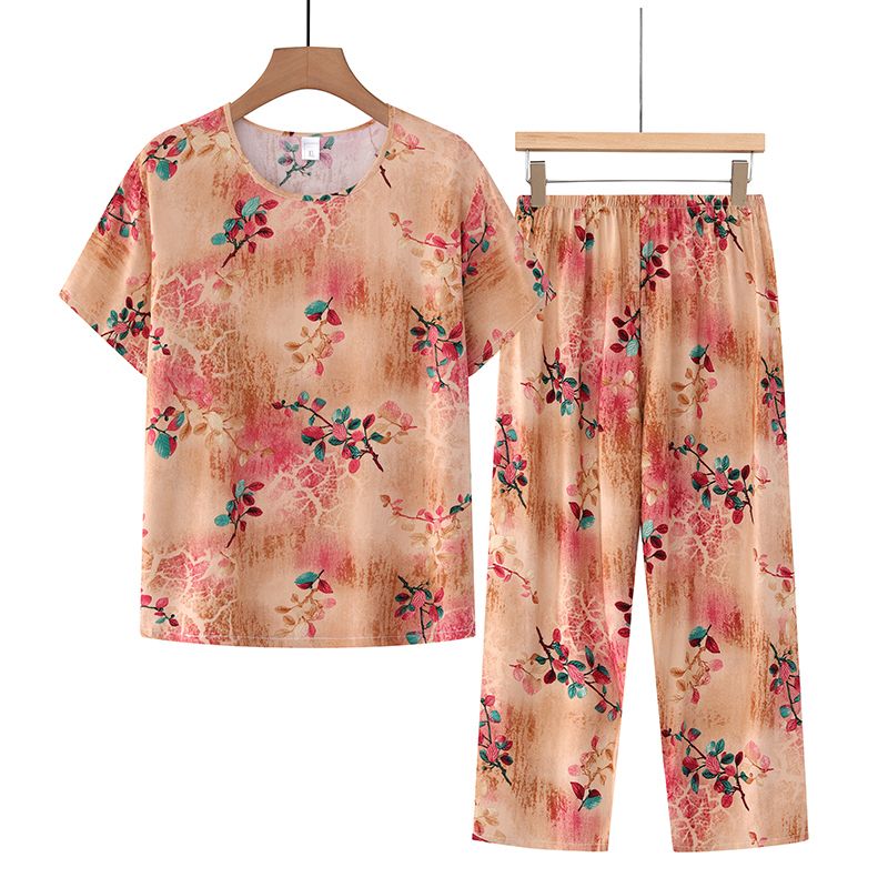 中老年媽媽短袖套裝(XL-4XL碼 鵝黃小花）【下單後請聯絡客服確認發貨尺碼】F001099400