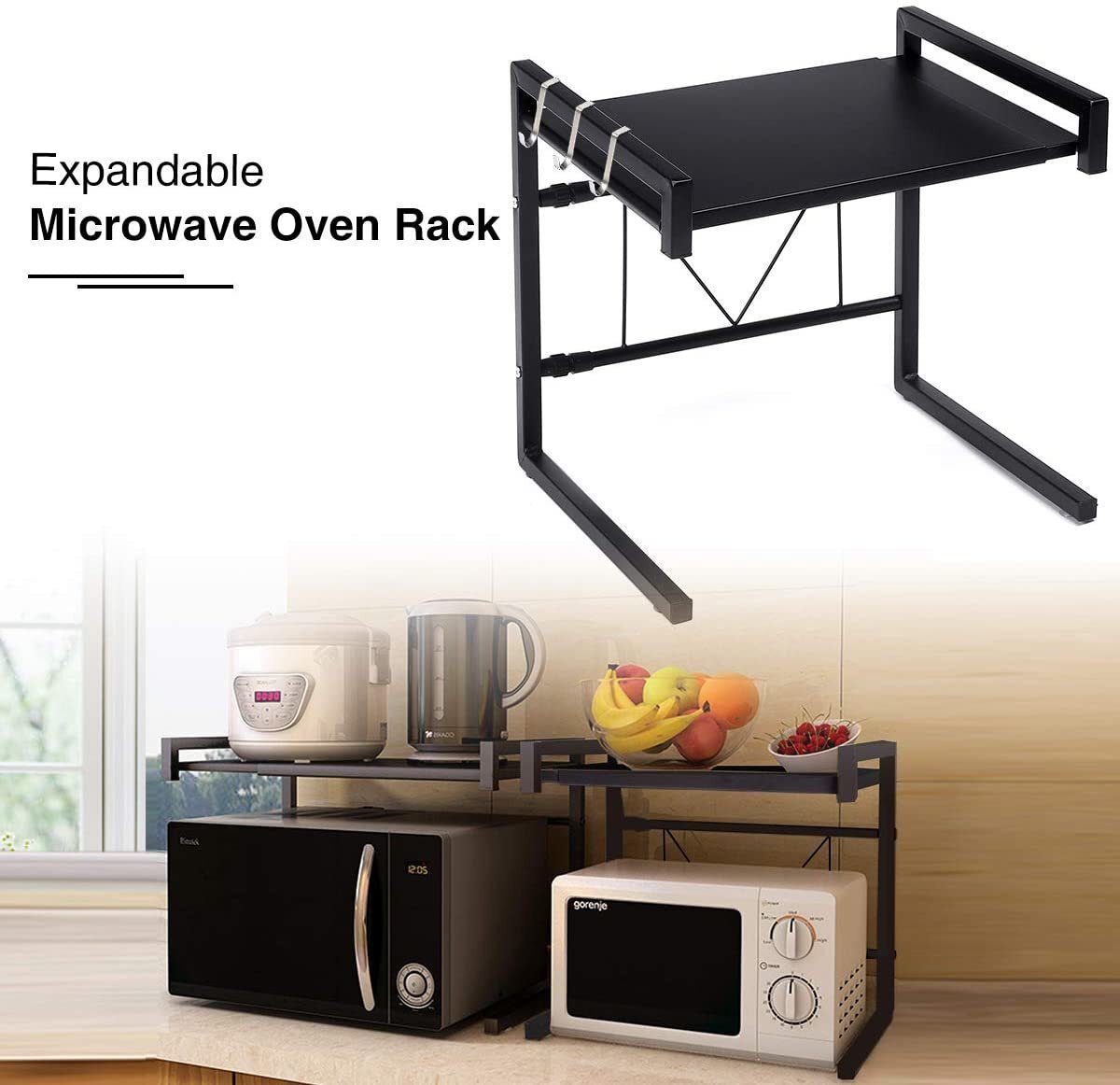 2-layer retractable kitchen microwave rack black