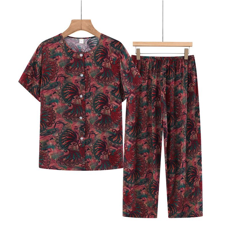 老年人短袖套裝( XL-5XL碼 暗紅羽毛）【下單後請聯絡客服確認發貨尺碼】F001099252