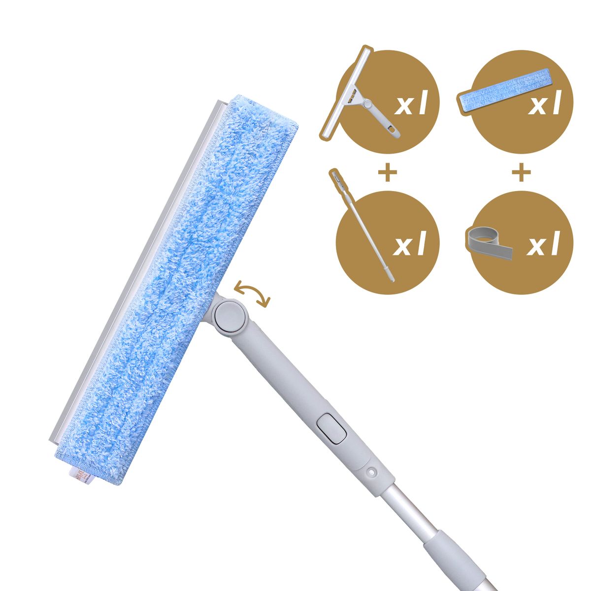 二合一調向旋轉玻璃刮連涂水器 30cm, 配有1.23米伸縮桿, 窗刮 浴室刮 浴室清潔 玻璃清潔刮 (配1塊備用塗水布 及 1條備用膠條) [HT-DSWC 302GY]