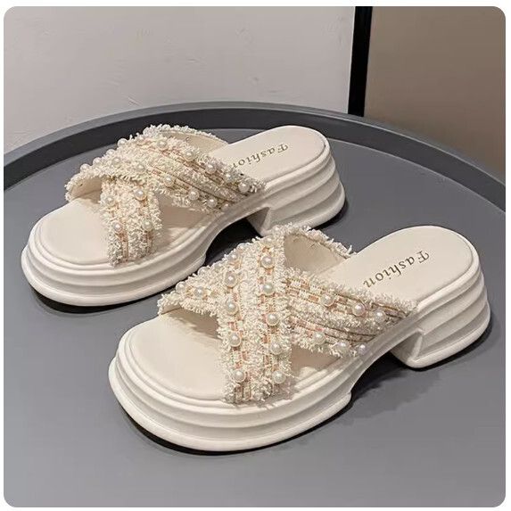 小香風珍珠厚底拖鞋女（米色【35_40碼】(下單後聯繫客服確認發貨尺碼）#F281017823