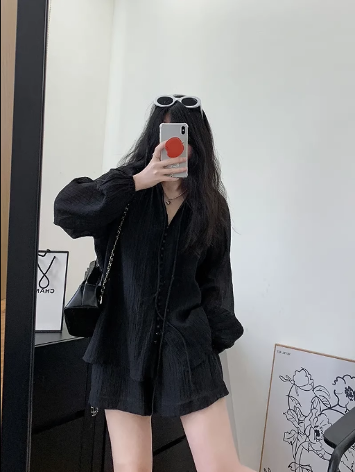 防曬衣襯衫短褲兩件套（黑色L-4XL）（下單後聯絡客服確認發貨尺碼）#F349001524