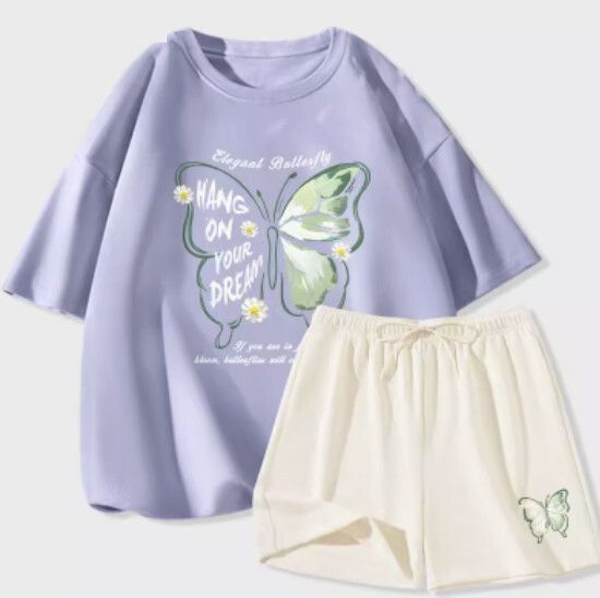 冰絲短袖短褲兩件套【淺藍色（雛菊蝶）+奶白褲】【S-2XL碼】（下單後請聯絡客服確認發貨尺碼）#K011002513