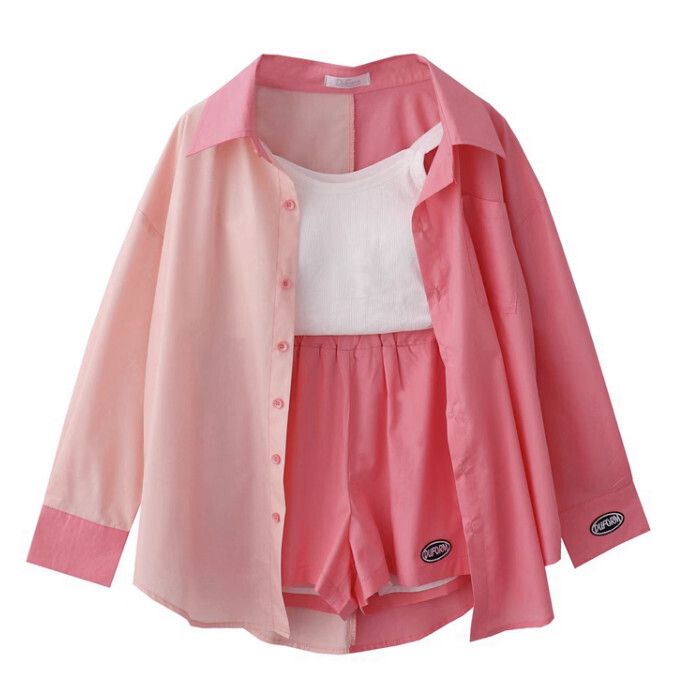 襯衫+背心+短褲三件套【粉色】【均碼】