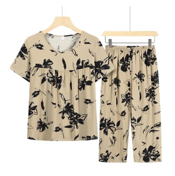 夏季中老年綿綢套裝（杏色花影）【尺碼：XL-4XL】【下單後聯絡客服確認發貨尺碼】F203013244