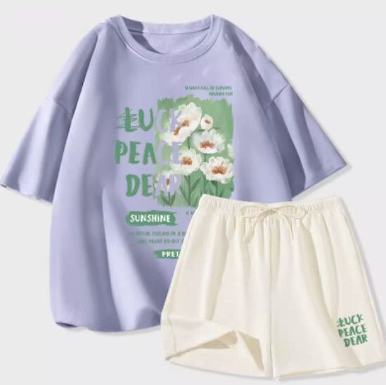 短袖冰絲短褲兩件套【淺藍色（清風花田）+奶白褲】【S-2XL碼】（下單後請聯絡客服確認發貨尺碼）#K011002579