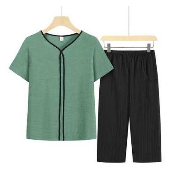 夏季中老年假開衫套裝（綠色）【尺碼：XL-4XL】【下單後聯絡客服確認發貨尺碼】F203013295