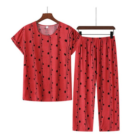夏季中老年綿綢套裝（粉紅色）【尺碼：XL-4XL】【下單後聯絡客服確認發貨尺碼】F203013043