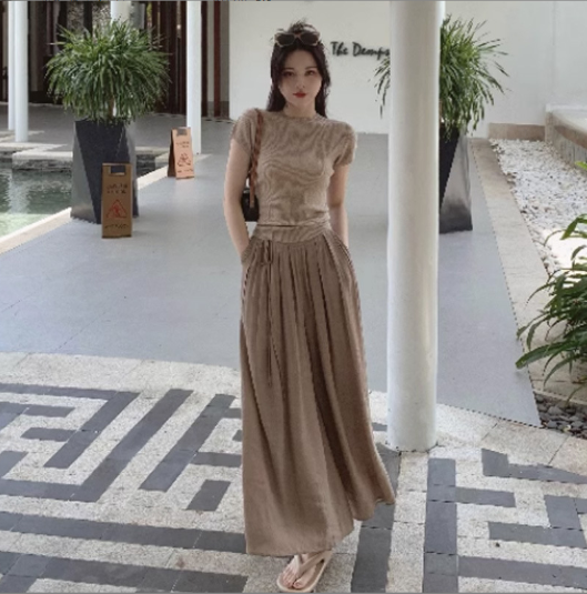 半高領綁帶短袖針織衫棉麻闊腿裙褲套裝（灰色上衣+卡其色裙褲）（規格：S-XL碼）(下單後聯絡客服確認發貨尺碼) #F047050115