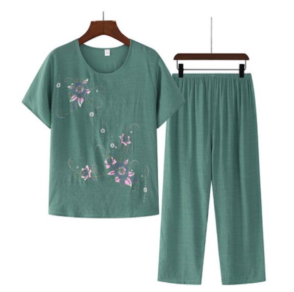 夏季中老年棉麻套裝（綠色）【尺碼：XL-4XL】【下單後聯絡客服確認發貨尺碼】F203013036
