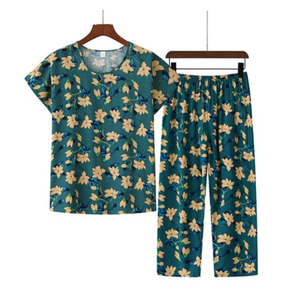 夏季中老年綿綢套裝（綠色花）【尺碼：XL-4XL】【下單後聯絡客服確認發貨尺碼】F203013042