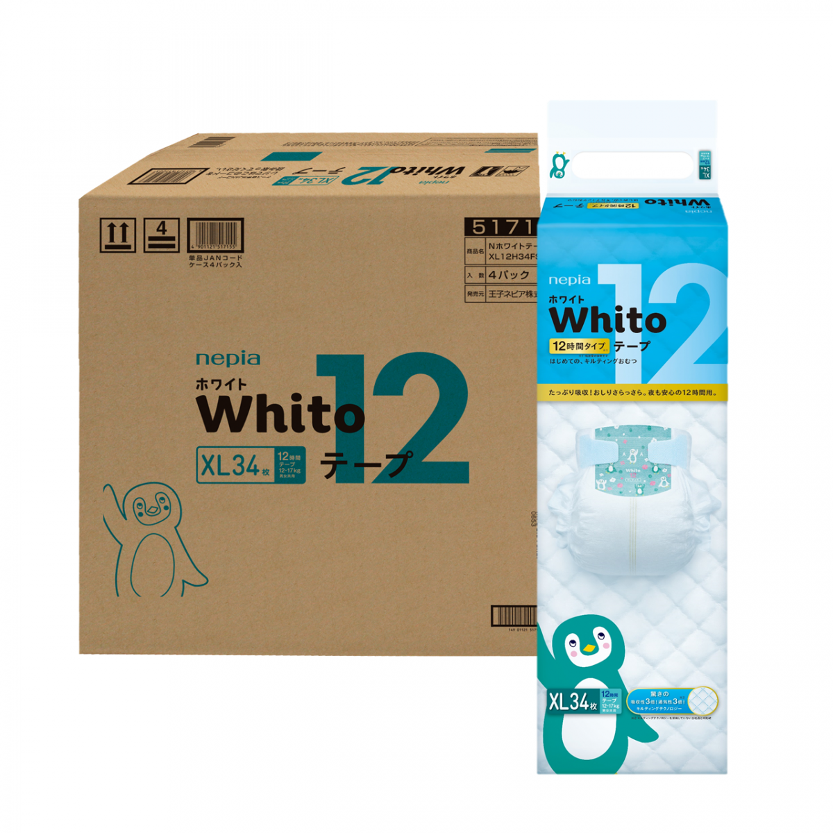 [原箱] Whito 極致親膚吸收嬰兒紙尿片- XL (34片x4)