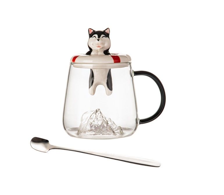 黑色雪橇犬陶瓷杯蓋玻璃杯+方型金勺