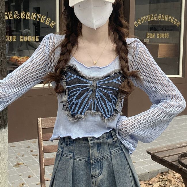 蝴蝶短款木耳邊喇叭袖針織衫(均碼)(藍色)#K004008419