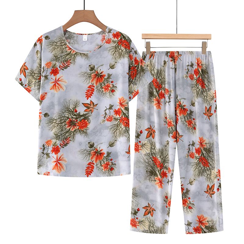 中老年媽媽短袖套裝(XL-4XL碼 白色楓葉）【下單後請聯絡客服確認發貨尺碼】F001099395