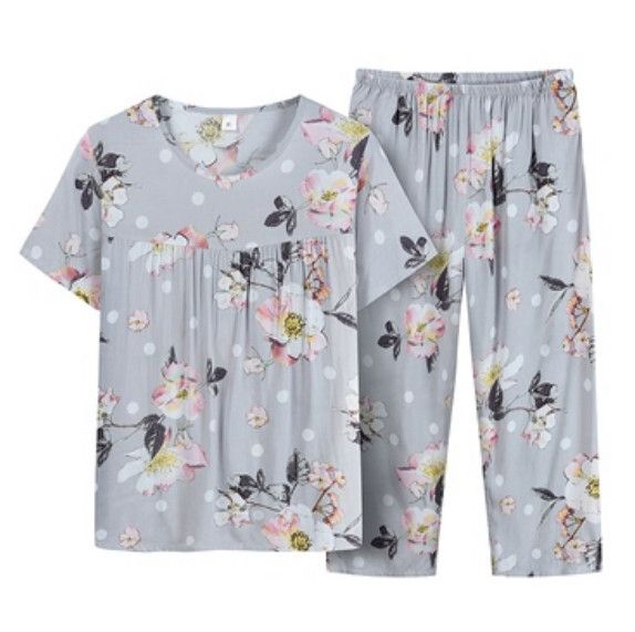 夏季中老年綿綢套裝（灰色桃花）【尺碼：XL-4XL】【下單後聯絡客服確認發貨尺碼】F203013163
