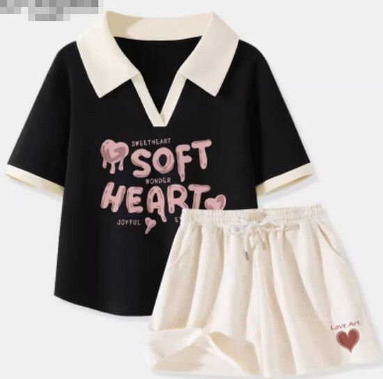 t恤短褲兩件套【黑色（戀愛字）+奶白褲】【S-XL碼】（下單後請聯絡客服確認發貨尺碼）#K011002472