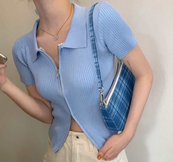 性感雙頭拉鏈短袖t恤（藍色 均碼）#F46015145