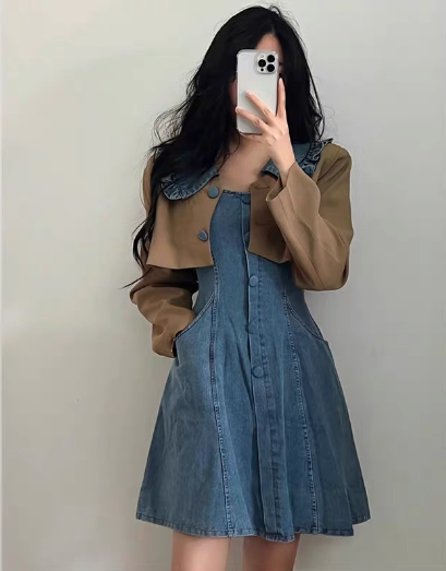 外套牛仔連衣裙套裝（卡其色外套+藍色牛仔連衣裙）（規格：S-XL碼）(下單後聯絡客服確認發貨尺碼) #F047050399