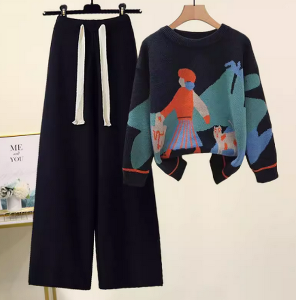秋裝毛衣闊腿褲套裝（黑色毛衣+黑色闊腿褲S-3XL）（下單後聯絡客服確認發貨尺碼）#F350001265