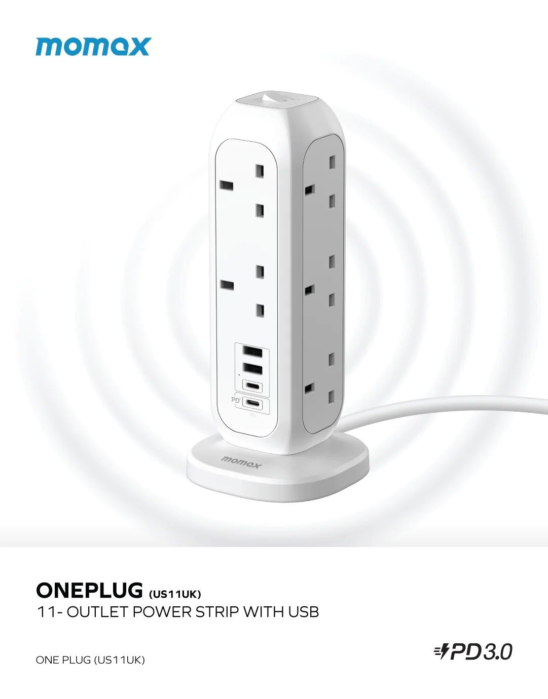 MOMAX | ONEPLUG PD20W 11位排插+4位快充USB拖板|直立式拖板 (US11UKW) | 顏色 : 白色 ...