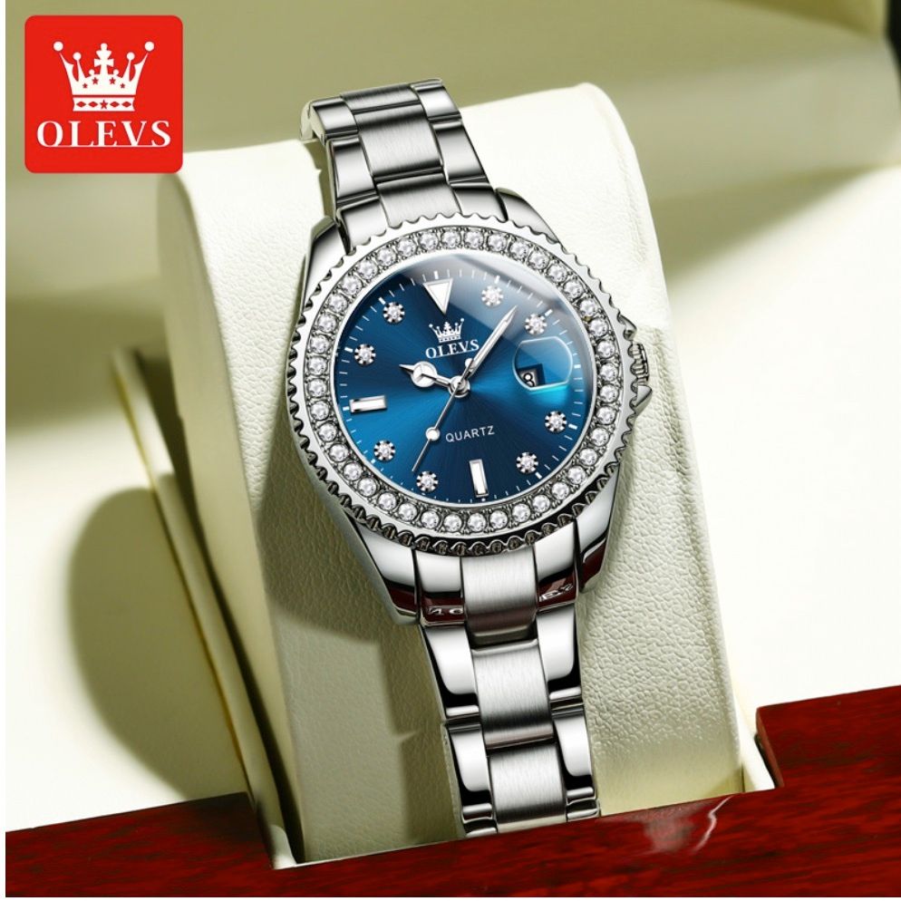 歐利時鑲鑽簡約小眾女士手錶(鋼帶本藍女）#S057029079