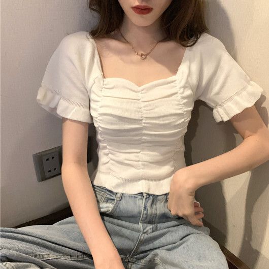 鎖骨褶皺短袖T恤【白色】尺碼【均碼】#F128014606