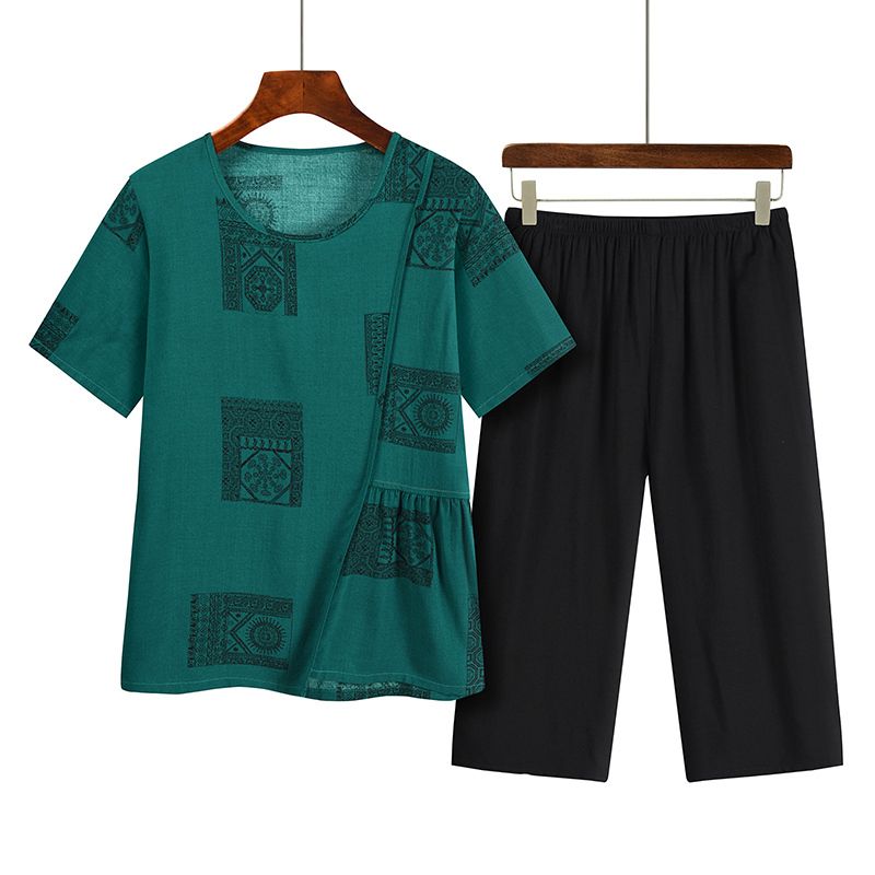 中老年媽媽短袖套裝(XL-4XL碼 墨綠色）【下單後請聯絡客服確認發貨尺碼】F001099367