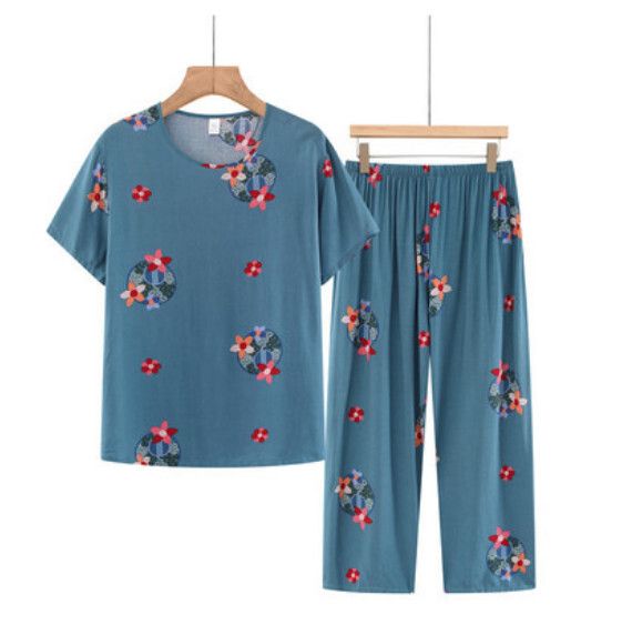 夏季中老年睡衣套裝（豆綠）【尺碼：XL-3XL】【下單後聯絡客服確認發貨尺碼】F203013089