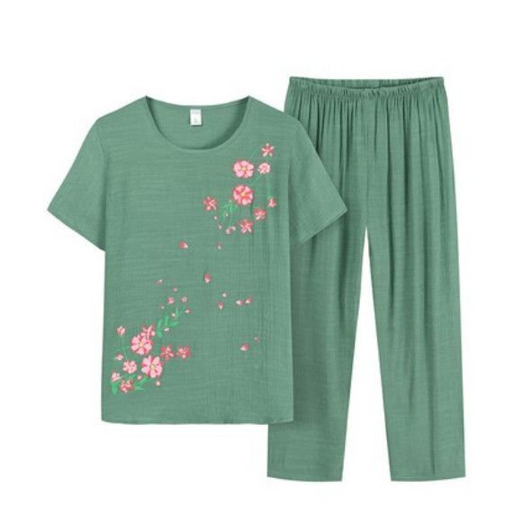 夏季中老年棉麻休閒套裝（綠色）【尺碼：XL-4XL】【下單後聯絡客服確認發貨尺碼】F203013083