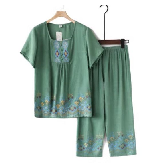 夏季中老年棉麻套裝（A款綠色）【尺碼：XL-4XL】【下單後聯絡客服確認發貨尺碼】F203013013