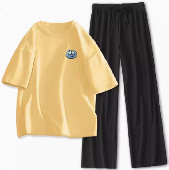 短袖冰絲套裝【鵝黃色（醜醜怪）+黑褲】【S-XL碼】（下單後請聯絡客服確認發貨尺碼）